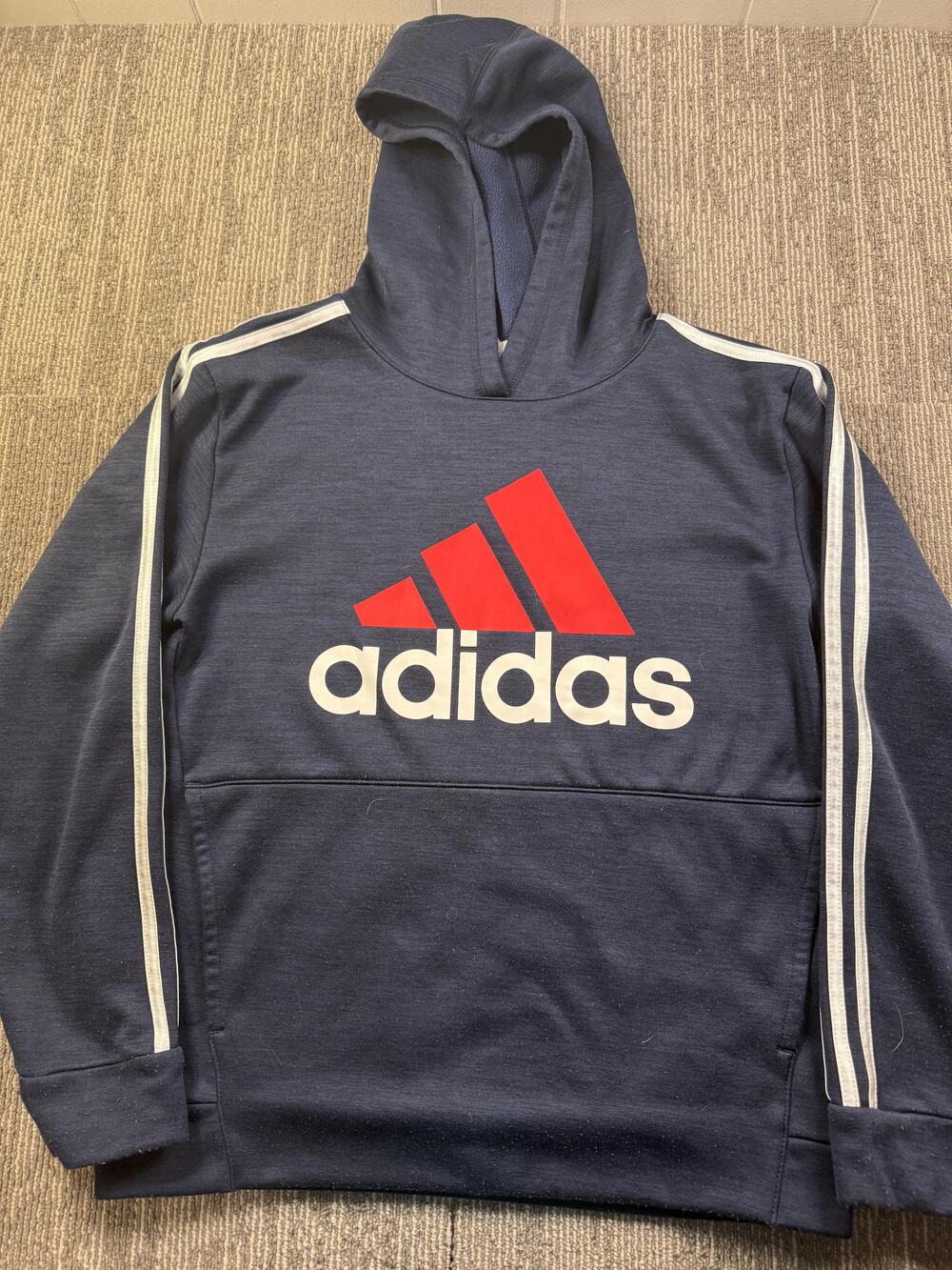 Adidas Hoodie Youth Large 14/16 Blue Pullover Fleece Logo Kangaroo Pocket Kids